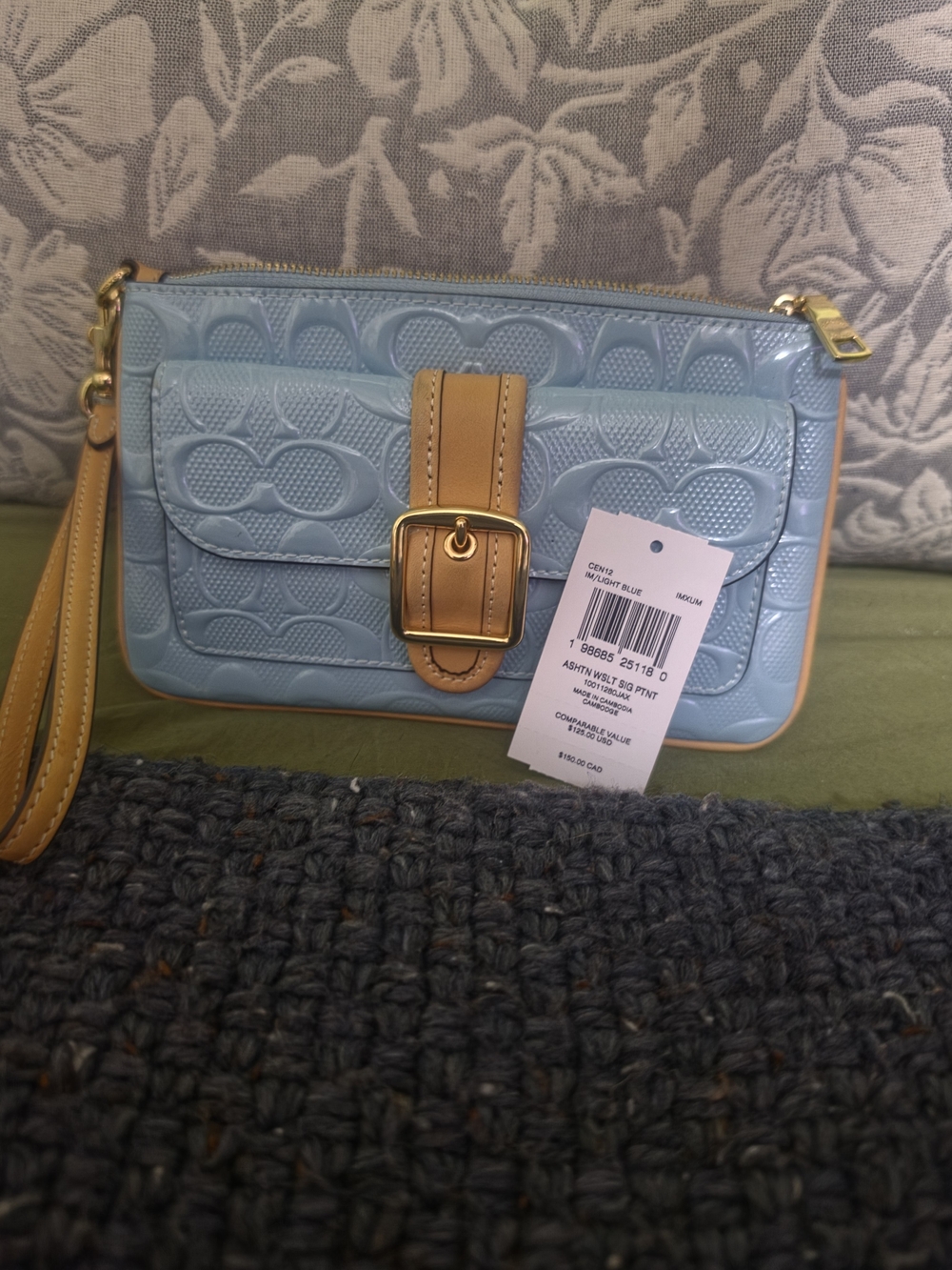 Coach Light Blue Patent Leather Wristlet with Tan Trim and Gold Buckle